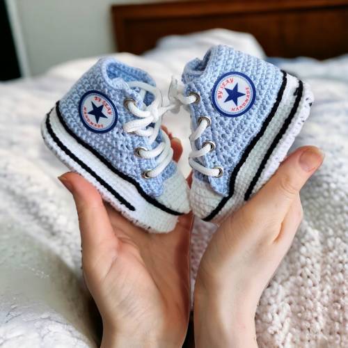 Soft Baby Blue Booties - Crochet Baby Sneakers - Knitted Newborn Shoes - Stylish Baby Shower Gift - Customizable Eco-Friendly Newborn Outfit