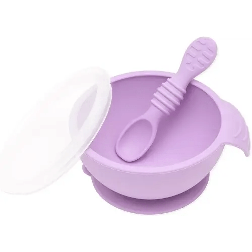 Bumkins Baby Bowls, Silicone Baby Feeding Set, Suction Bowls for Baby and Toddler with Spoon and Lid, First Feeding Set, Platinum Silicone Bowl for