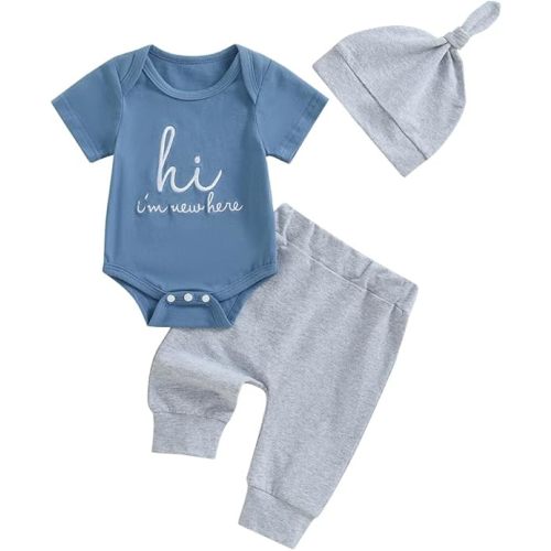 Twopumpkin Newborn Baby Boy Girl Clothes Outfits Short Sleeve Romper Bodysuit Cotton Pants and Hat Coming Home Outfit
