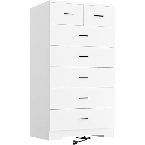 47.3" Tall Dresser for Bedroom Chests of Drawers with Charging Station 7 Drawer Dressers with Metal Slide Rail Modern Wood Closet Organizer with Large Storage for Home Office Entryway
