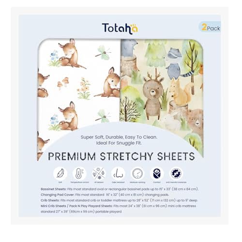 TotAha Premium Stretchy Crib Sheets (2-Pack)-Hypoallergenic, Silky Comfort, Buttery Soft, Calming Effect, All-Season Jersey-Knit Sheets, 9'' Extra Deep Pocket, Forest Bear & Cute Deer