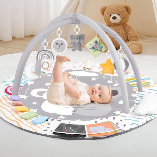 Baby Play Gym & Activity Mat, Tummy Time Mat with Tummy Time Pillow 7 Detachable Sensory Toys and Educational Cards for Motor Skills & Sensory Development, Baby Essentials Shower Gift, Grey Koala