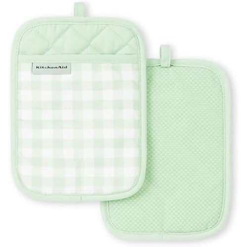 KitchenAid Gingham Pot Holder 2-Pack Set, Pistachio, 7"x10"