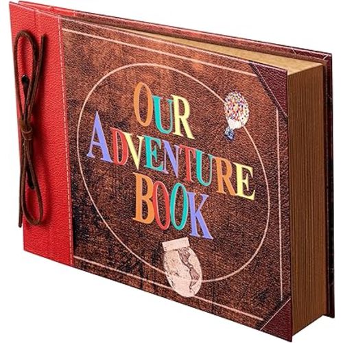 Scrapbook Photo Album,Our Adventure Book Scrapbook, Embossed Words Hard Cover Movie Up Travel Scrapbook for Anniversary, Wedding, Travelling, Baby Shower, etc (Leather Adventure Book)