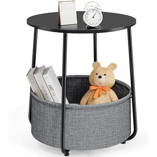 Sweetcrispy Small Round Side End Table for Living Room, Modern Nightstand Bedside Table with Fabric Basket for Bedroom Nursery, Side Table with Steel Frame - Black & Grey