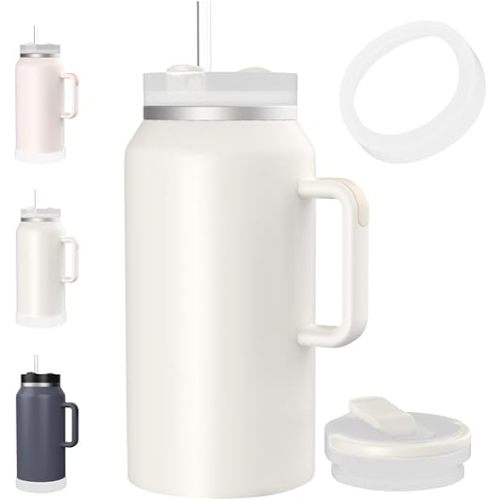 KISSKIND Water Bottle 64 oz Tumbler with Handle and Straw Half Gallon Insulated Stainless Steel Leakproof with 2 Lids Anti-slip Silicone Boot Portable Handle Gym Accessories CREAM