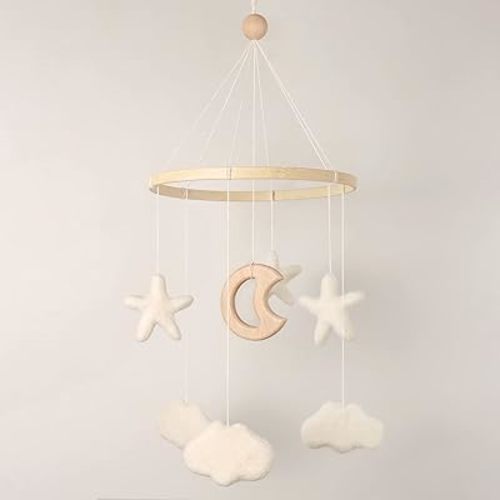 Mobile for Crib - Baby Mobile for Crib - Baby Crib Mobile - Crib Mobile for Girls, Boys - Baby Mobile for Bassinet - Gender Neutral Color Theme - Felt Cloud, Felt Star, Wood Moon
