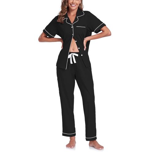 COLORFULLEAF Women's 100% Cotton Pajama Set Button Down Sleepwear Short Sleeve Shirt and Long Pants Soft ladies Lounge Sets