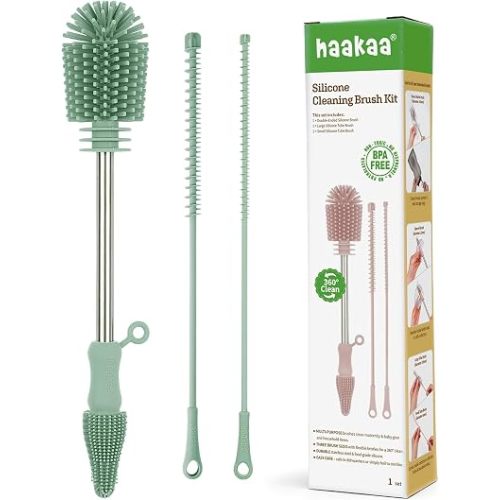 haakaa Silicone Cleaning Brush Kit - Baby Bottle Brush Cleaner for Breast Pump,Nipple,Breast Milk Storage Bag,Reusable Straw,Sippy Cup - Food Grade Silicone Bristles, Portable - 3 Pcs - Pea Green