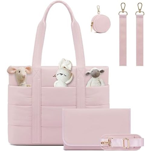 LOVEVOOK Diaper Bag Tote, 15.6inch Puffer Baby Diaper Bag Waterproof Travel Diaper Tote with Changing Pad Pacifier Case