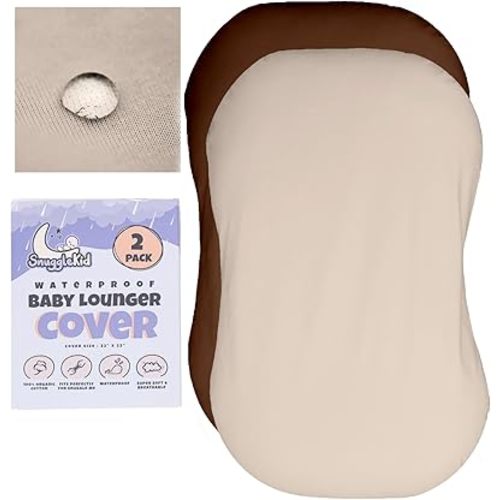 100% Waterproof Baby Lounger Cover - 2-Ply Organic Cotton Slipcovers Keep Your Lounger Clean & Your Baby Comfy - Machine Washable - (Lounger Not Included) - 2-Pack Includes Cream & Brown