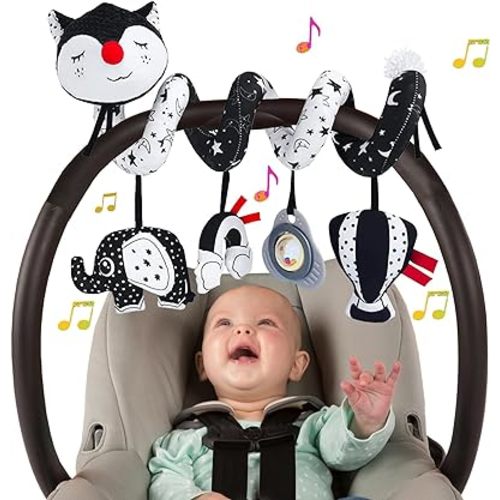 Car Seat Toys for Infants 0-6 Months, High Contrast Baby Toys Black and White Hanging Baby Carseat Toys Stroller Toys 3-6 Months Newborn Developmental Toys 0-3-6-12 Months with Music Rattles