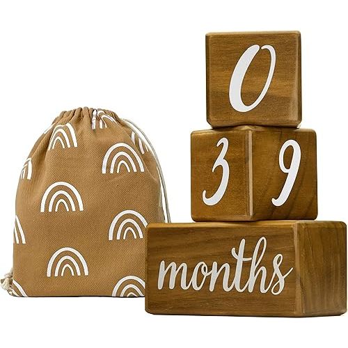 Pondering Pine Baby Milestone Blocks - Natural Pine Wood with Weeks Months Years Grade - Milestones Age Block Set with Boho Rainbow Bag, Newborn Weekly Monthly First Year Picture Props, Earth Friendly