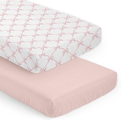 Sweet Jojo Designs 2-Piece Baby Crib Sheets Set (Pink Bows) for Girls, Infant Nursery, Toddler Room - Fitted, Standard Size (Blush and White Bow for The Ballerina, Ballet Dancer, Princess Collection)