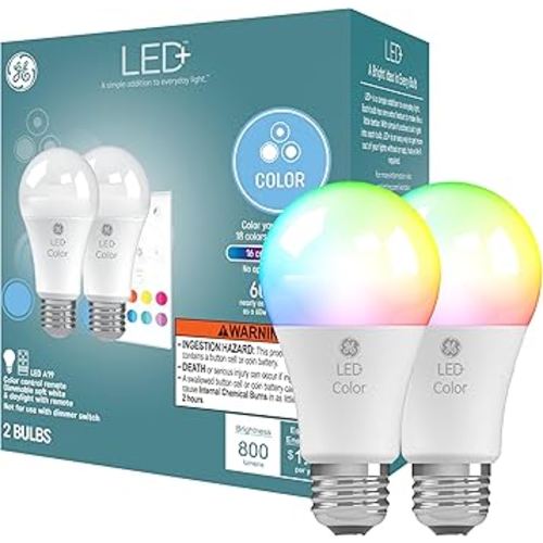 GE LED+ Color Changing LED Light Bulbs with Remote, 9.5W, No App or Wi-Fi Required, A19 (2 Pack)