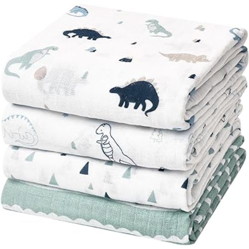 david's kids 4 Pack Baby Muslin Swaddle Blankets, 100% Cotton and Ultra Soft Breathable Receiving Blanket Wrap for Boys Girls, New Born Essentials, Dinosaur