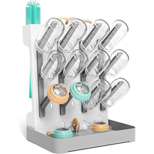 HOMEAL Baby Bottle Drying Rack with Brush Holder Vertical Water Bottle Organizer and Storage Large Capacity Countertop Dryer Space Saving Easy Assembly