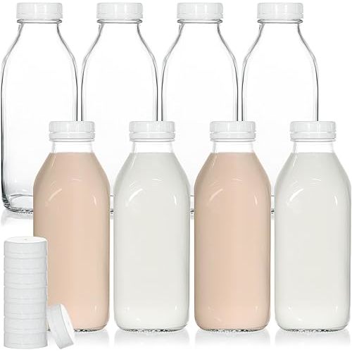 KEYWING 8 Pack 32oz Glass Milk Bottles with Airtight Lids – Reusable, Leak-proof Containers – Dishwasher Safe, Food Grade Glass Bottles – Ideal for Milk, Juice, Water, and Fridge Storage