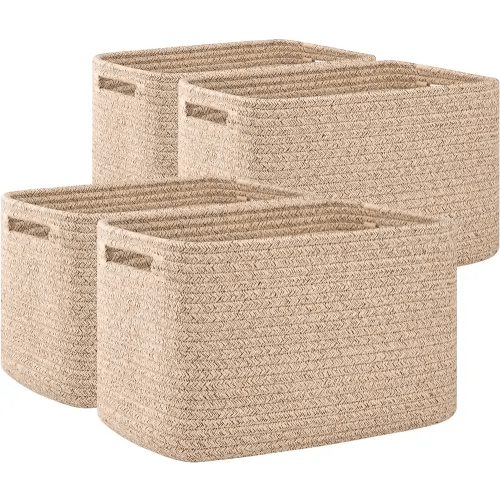OIAHOMY 4 Pack Storage Baskets for Organizing, Cube Storage Bins for Shelves, Rectangle Storage Baskets With Handles, Woven Baskets for Storage, 12.7''Lx9''Wx7.8''H, Brown
