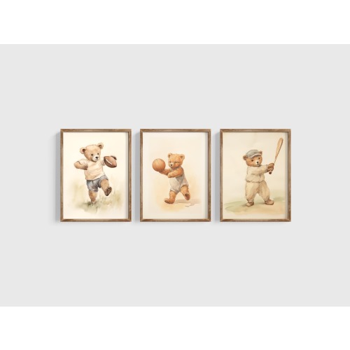 Teddy Bear Sports Nursery Decor Baseball Art Kid Sports Gallery Wall Nursery Teddy Bear Art Kids Football And Basketball Art Bespoke Littles
