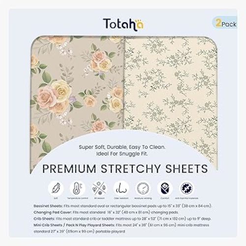 TotAha Premium Soft Pack n Play Sheets, Super Stretchy Jersey Knit Mini Crib Sheets Fitted, Silky Comfort Pack and Play Mattress Sheets, 2 Pack (Vintage Rose & Brunch)
