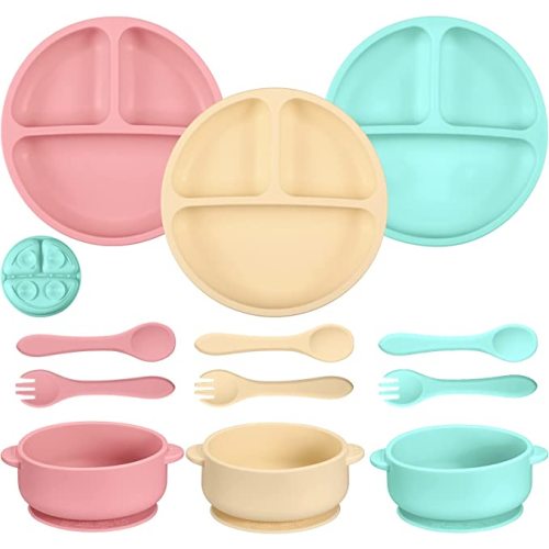 New 9 Pcs Baby Feeding Set Silicone Baby Plate and Bowl Set with