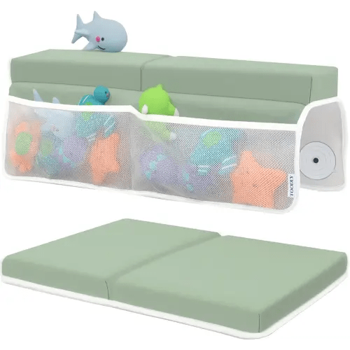 Baby Bath Kneeler and Elbow Rest Pad Set - Baby Bath Support for Knees and Elbows - Bath Kneeler Pad with Memory Foam and Bath Toys Organizer - Ideal Bath Kneeling Pad for Bathing Baby - Green