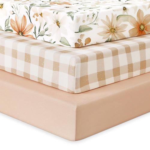 Baby Crib Sheets for Boys Girls, Fitted Crib Sheet Neutral 3 Pack for Standard Crib and Toddler Mattress, Breathable Soft Microfiber Baby Sheet 28x52x8in Orange Flowers & Plaid