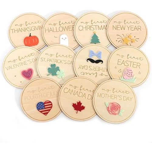 My First Holiday Milestone Sign - Wood Holiday Milestone Photo Props, Newborn Baby Photography Discs, 11 Pcs Wooden Disc Sign, Baby Shower Party Gift