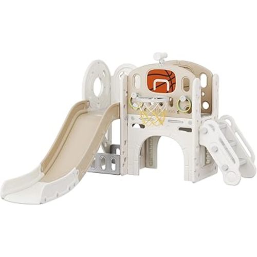UNICOO Kids Slide Playset, Toddlers Playground, Kids Playhouse with Slide, Tunnel, Basketball, Climber and Storage Space (Playhouse White + Coffee)