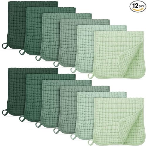 Unnivoll Muslin Burp Cloths for Baby 100% Cotton Burping Cloths for Boys Girls Large 20''X10'' Extra Soft and Absorbent 12 Pack - Gradient Green