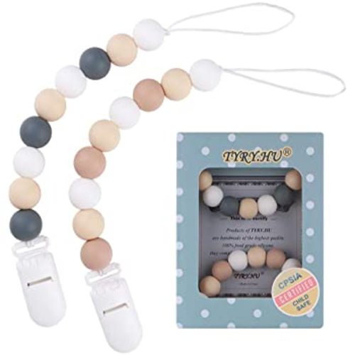 Pacifier Clip, TYRY.HU Silicone Teething Beads Binky Teether Holder for Girls, Baby Shower Gift, 2 Pack (White+Grey) - Grey+White