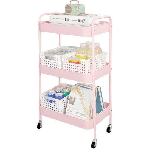 LIWNYRK 3 Tier Pink Rolling Cart for Nursery & Laundry Room with Handle & 4 Hooks, Metal Kitchen Storage Cart on Wheels and Lockable Casters, Large Capacity Sturdy Trolley for Lash Craft Bathroom