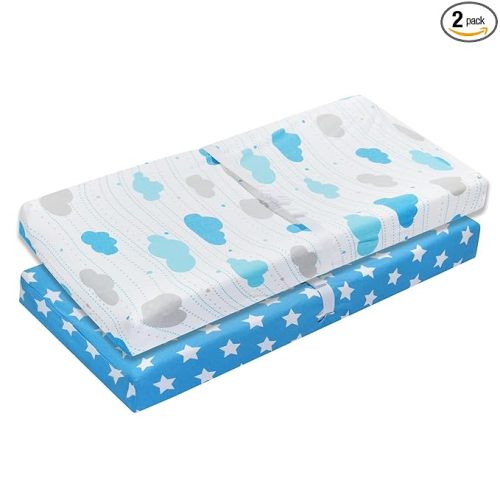 EVERYDAY KIDS 2 Pack Baby Changing Pad Covers for Baby Boy – Fits Most Changing Table Pads; 100% Cotton Jersey Knit, Breathable, Soft Changing Table Topper - Blue, White Stars + Blue, Gray Clouds