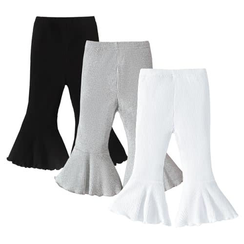 SOBOWO Baby Girl Flare Pants 3 Pack Toddler Solid Ribbed Ruffle Bell Bottoms Pants Trousers Fall Outfits