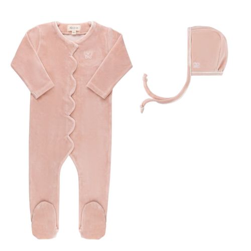 Velour Embroidered Bird & Butterfly Collection - Footie + Bonnet