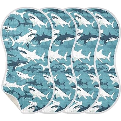 J JOYSAY White Sharks Baby Burp Cloths for Boys Girls Large 22''x11'' Cotton Burp Rags Extra Absorbent Soft 4 Layer Baby Burp Cloth Set for Drool Newborn 4 Pack