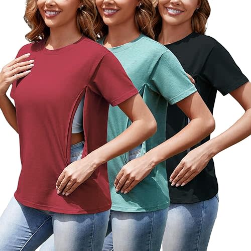 Women's 3-Pack Nursing Tops for Breastfeeding with Hidden Zippers Loose Fit Maternity Shirts