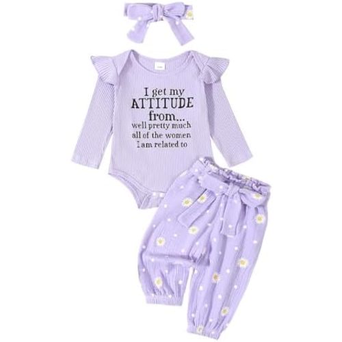 Kaipiclos Newborn Infant Girl Clothes Rib Knit Romper Daisy Print Pants Headband Baby Clothes for Girls 0 3 6 12 18 24 Months