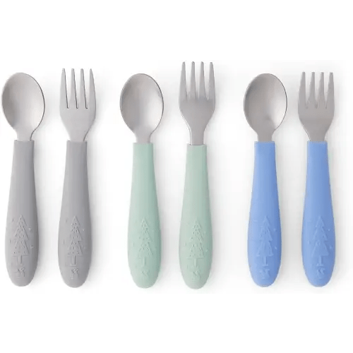 Elk and Friends Kids Silverware with Silicone Handle | Childrens Safe Flatware | Toddler Utensils | Baby Spoons + Forks | Stainless Steel Cutlery