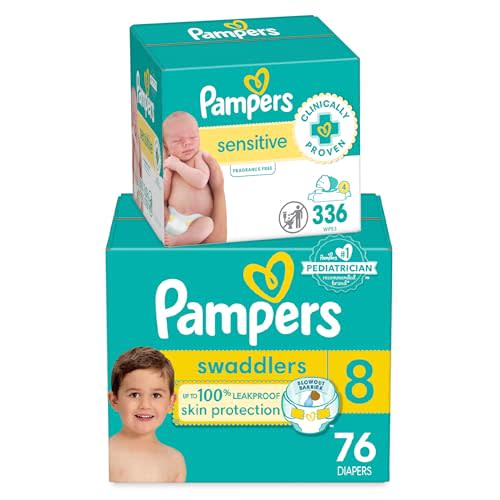 Pampers Swaddlers Disposable Baby Diapers Size 8, One Month Supply (76 Count) with Sensitive Water Based Baby Wipes 4X Pop-Top Packs (336 Count)