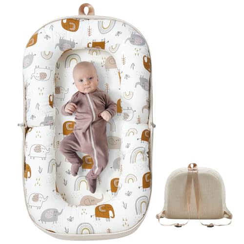 Baby Lounger, Foldable Baby Travel Bassinet with Soft Memory Foam Mat, Converts to Backpack Baby Travel Nest for Newborn Infant Babies 0-12 Months (Rainbow Elephant)