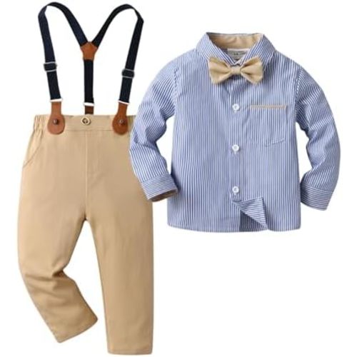 Boarnseorl Baby Boys Pants Sets,Infant Long Sleeve Shirt + Pants + Bow Tie + Suspenders,Toddler Gentleman Outfits