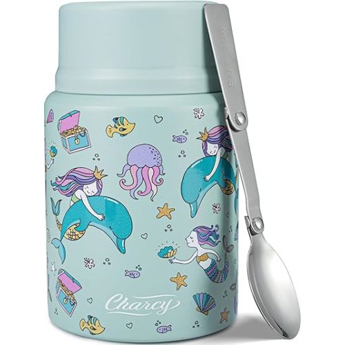 Charcy 17oz Thermo for Hot Food, Soup Thermo Food Container for Lunch Box with Folding Spoon ZB - Cyan Mermaid
