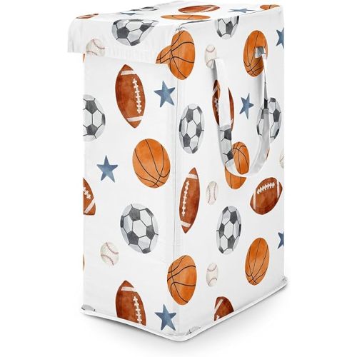 Sweet Jojo Designs Sports Theme Boy Laundry Hamper Foldable Dirty Clothes Basket with Handles Baby Nursery Kids Bedroom Teen Bathroom Watercolor Soccer Balls Football Baseball Basketball Blue Stars