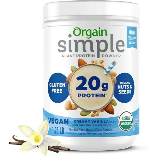 Orgain Organic Simple Vegan Protein Powder, Vanilla - 20g Plant Based Protein, Made with less Ingredients, No Artificial Sweeteners, Gluten Free, No Dairy or Lactose, 1.25 lb (Packaging May Vary)