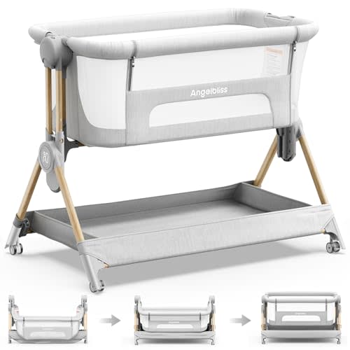 ANGELBLISS Baby Bassinet, 3-in-1 Bedside Bassinet for Baby, One-Touch Foldable Baby Crib for Newborn with Full-Mesh Sides & Adjustable Height, Mattress & Storage Bag
