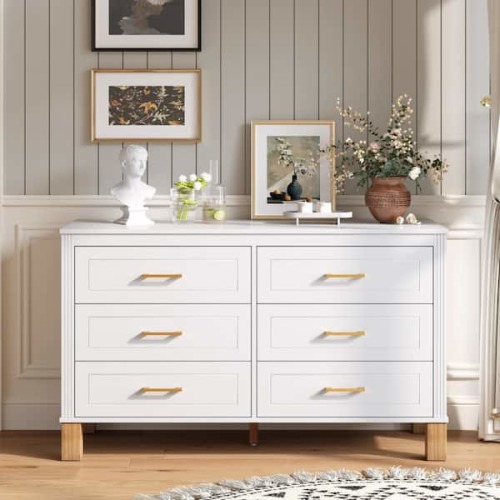 Lysandria Modern White 6-Drawer 47.24 in. W Dresser with Metal Handles and Solid Wood Legs