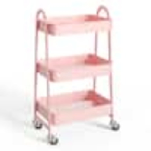 Tileon 3-Tier Pink Metal Rolling Cart, Utility Storage Organizer Kitchen Trolley for Bathroom, Laundry Room, Office YJHDRA1337
