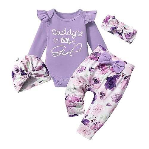 TyeSmo Infant Newborn Baby Girl Clothes Set White Ruffle long-sleeve Top + Pants + Headband + Hat 4pcs 0-6M Baby Clothes